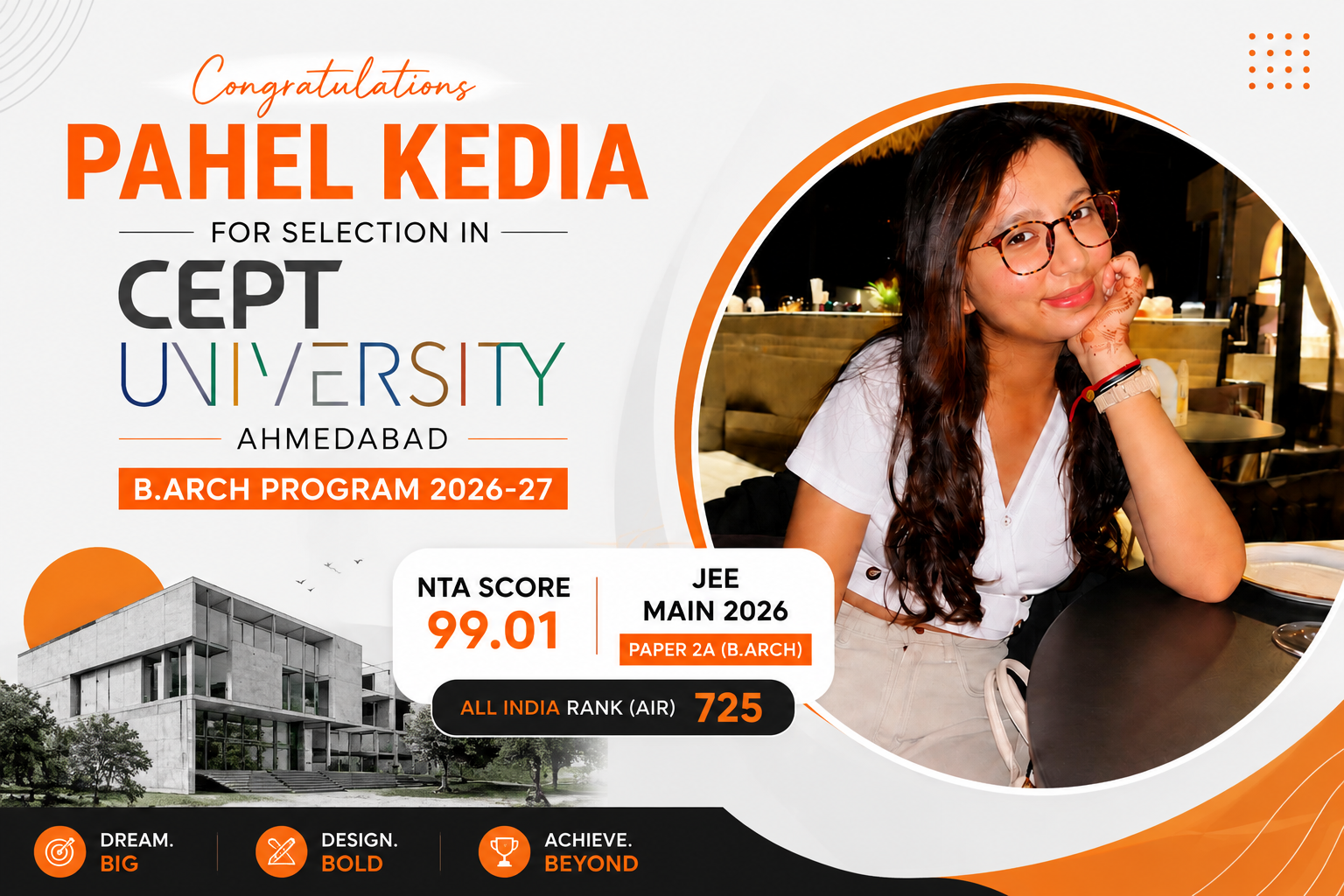 PAHEL Kedia Selected for CEPT University B.Arch 2026–27 | 99.01 NTA Score